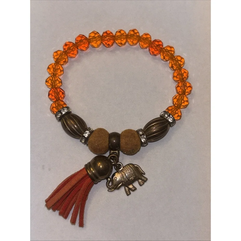 Vintage Orange Bead Beaded Stretch Bracelet With Tassel & Elephant Charm